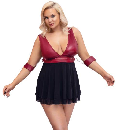 Cottelli Curves Babydoll mit Kunstleder bordeaux schwarz 2XL