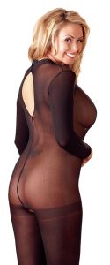 Cottelli Langarm Catsuit in transparentem schwarz mit offenenm Schritt und offenem Rücken auch für große Größen geeignet